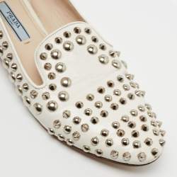 Pre Owned Prada White Leather Studded Smoking Slippers Size 37