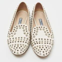 Pre Owned Prada White Leather Studded Smoking Slippers Size 37
