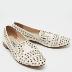 Pre Owned Prada White Leather Studded Smoking Slippers Size 37