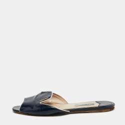 Pre Owned Prada Blue /White Saffiano Leather Slide Sandals Size 38