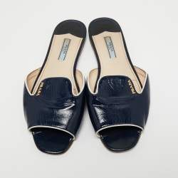 Pre Owned Prada Blue /White Saffiano Leather Slide Sandals Size 38