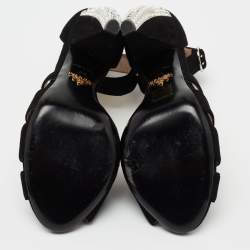 Prada Black Suede Crystal Embellished Heel Ankle Strap Sandals Size 39