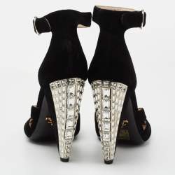 Prada Black Suede Crystal Embellished Heel Ankle Strap Sandals Size 39