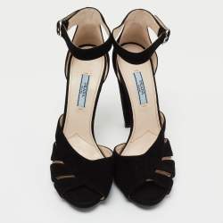 Prada Black Suede Crystal Embellished Heel Ankle Strap Sandals Size 39