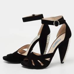 Prada Black Suede Crystal Embellished Heel Ankle Strap Sandals Size 39