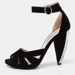 Prada Black Suede Crystal Embellished Heel Ankle Strap Sandals Size 39