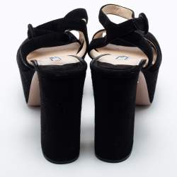 Pre Owned Prada Black Suede Ankle Strap Block Heel Platform Sandals Size 38