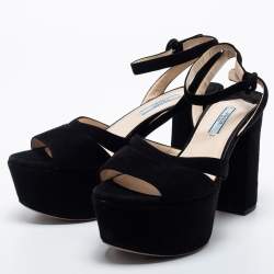 Pre Owned Prada Black Suede Ankle Strap Block Heel Platform Sandals Size 38