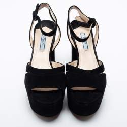 Pre Owned Prada Black Suede Ankle Strap Block Heel Platform Sandals Size 38