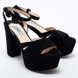 Pre Owned Prada Black Suede Ankle Strap Block Heel Platform Sandals Size 38