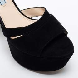 Pre Owned Prada Black Suede Ankle Strap Block Heel Platform Sandals Size 38