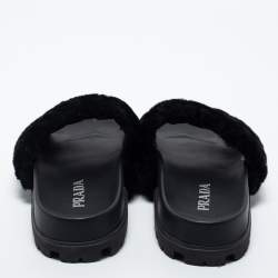 Pre Owned Prada Black Shearling Fur Slide Flats Size 40