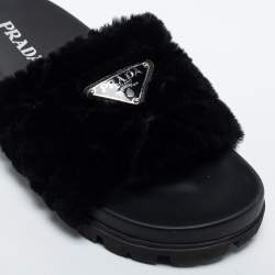 Pre Owned Prada Black Shearling Fur Slide Flats Size 40