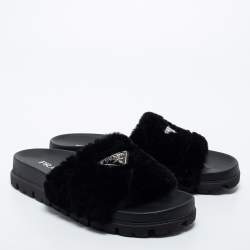 Pre Owned Prada Black Shearling Fur Slide Flats Size 40