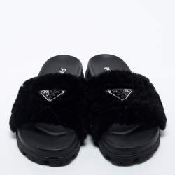 Pre Owned Prada Black Shearling Fur Slide Flats Size 40