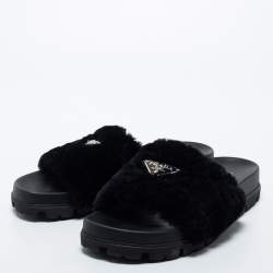 Pre Owned Prada Black Shearling Fur Slide Flats Size 40