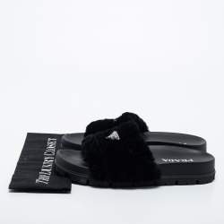 Pre Owned Prada Black Shearling Fur Slide Flats Size 40