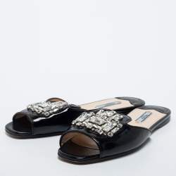 Pre Owned Prada Black Saffiano Patent Leather Crystal Embellished Flat Slide Size 40