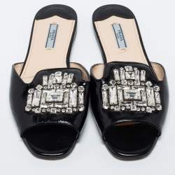 Pre Owned Prada Black Saffiano Patent Leather Crystal Embellished Flat Slide Size 40
