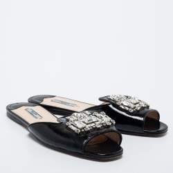 Pre Owned Prada Black Saffiano Patent Leather Crystal Embellished Flat Slide Size 40