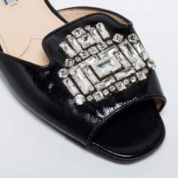 Pre Owned Prada Black Saffiano Patent Leather Crystal Embellished Flat Slide Size 40
