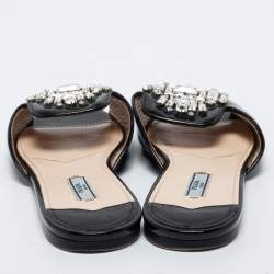 Pre Owned Prada Black Saffiano Patent Leather Crystal Embellished Flat Slide Size 40