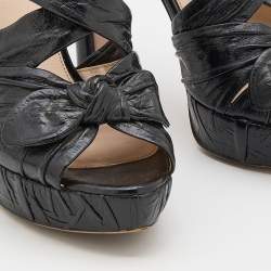 Prada Black Distressed Wrinkled Leather Ankle Strap Platform Sandals Size 38