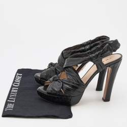 Prada Black Distressed Wrinkled Leather Ankle Strap Platform Sandals Size 38