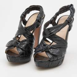 Prada Black Distressed Wrinkled Leather Ankle Strap Platform Sandals Size 38