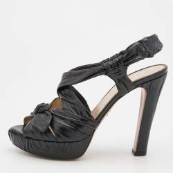 Prada Black Distressed Wrinkled Leather Ankle Strap Platform Sandals Size 38