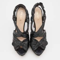 Prada Black Distressed Wrinkled Leather Ankle Strap Platform Sandals Size 38