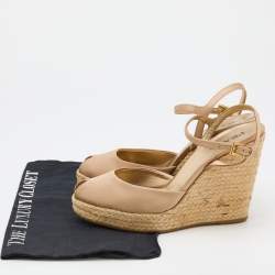 Pre Owned Prada Beige Satin Ankle Strap Wedge Espadrilles Sandals Size 37
