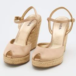 Pre Owned Prada Beige Satin Ankle Strap Wedge Espadrilles Sandals Size 37