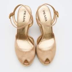 Pre Owned Prada Beige Satin Ankle Strap Wedge Espadrilles Sandals Size 37