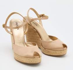 Pre Owned Prada Beige Satin Ankle Strap Wedge Espadrilles Sandals Size 37