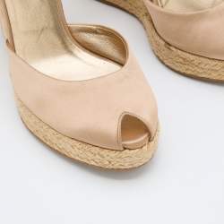 Pre Owned Prada Beige Satin Ankle Strap Wedge Espadrilles Sandals Size 37