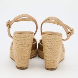 Pre Owned Prada Beige Satin Ankle Strap Wedge Espadrilles Sandals Size 37