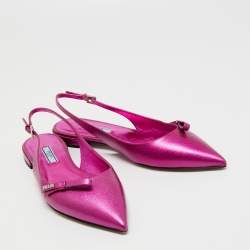 Pre Owned Prada Metallic Pink Saffiano Leather Bow Slingback Flats Size 39