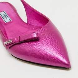 Pre Owned Prada Metallic Pink Saffiano Leather Bow Slingback Flats Size 39