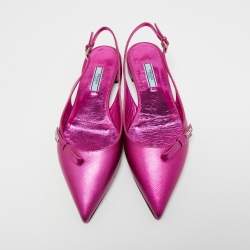Pre Owned Prada Metallic Pink Saffiano Leather Bow Slingback Flats Size 39