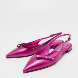 Pre Owned Prada Metallic Pink Saffiano Leather Bow Slingback Flats Size 39