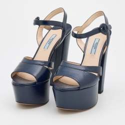 Pre Owned Prada Navy Blue Patent Leather Ankle Strap Platform Sandals Size 37.5