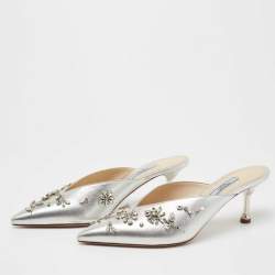 Pre Owned Prada Silver Leather Crystal Embellished Mules Size 38