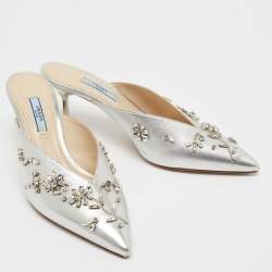 Pre Owned Prada Silver Leather Crystal Embellished Mules Size 38
