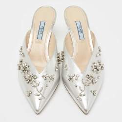 Pre Owned Prada Silver Leather Crystal Embellished Mules Size 38