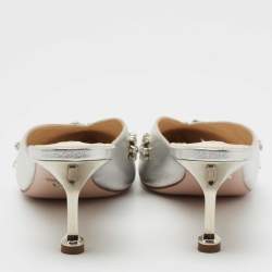 Pre Owned Prada Silver Leather Crystal Embellished Mules Size 38
