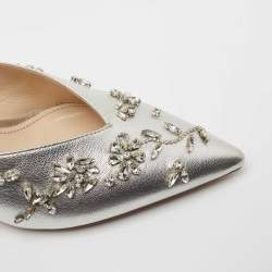Pre Owned Prada Silver Leather Crystal Embellished Mules Size 38