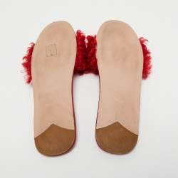 مملوكة مسبقًا Prada Red Fur Crystal Embellished Flat Slides Size 40