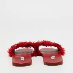 مملوكة مسبقًا Prada Red Fur Crystal Embellished Flat Slides Size 40