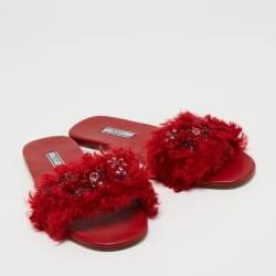 مملوكة مسبقًا Prada Red Fur Crystal Embellished Flat Slides Size 40